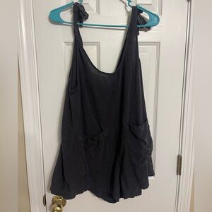 Black Tie-Shoulder Romper/Dress with Front Pockets